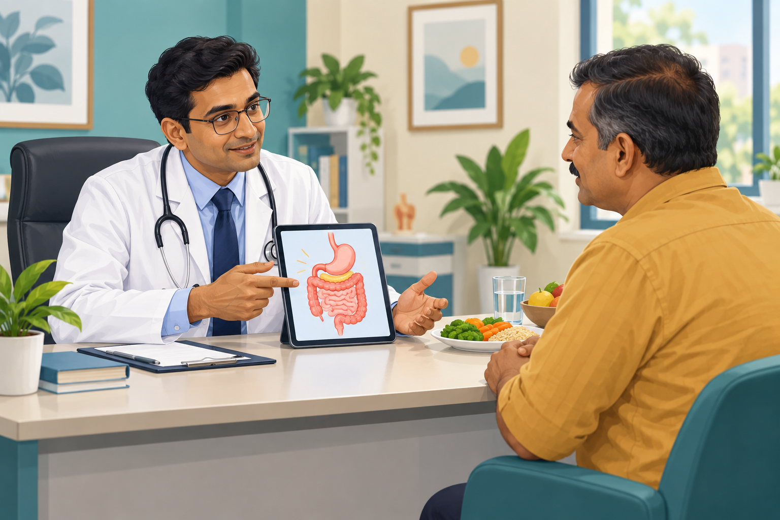 Illustration of an Indian doctor explaining digestive health to a patient