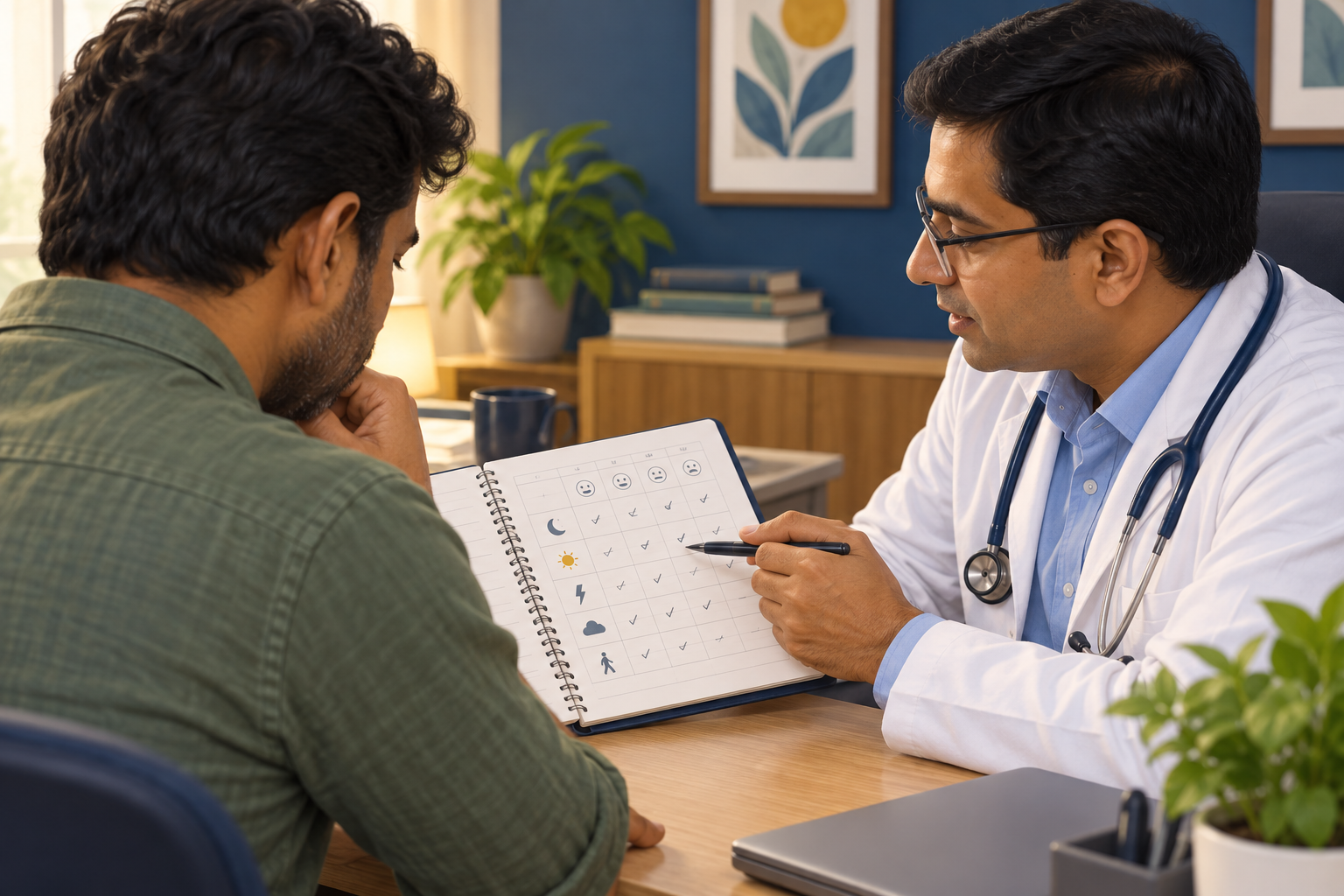 Illustration of an Indian patient discussing a symptom diary with a doctor