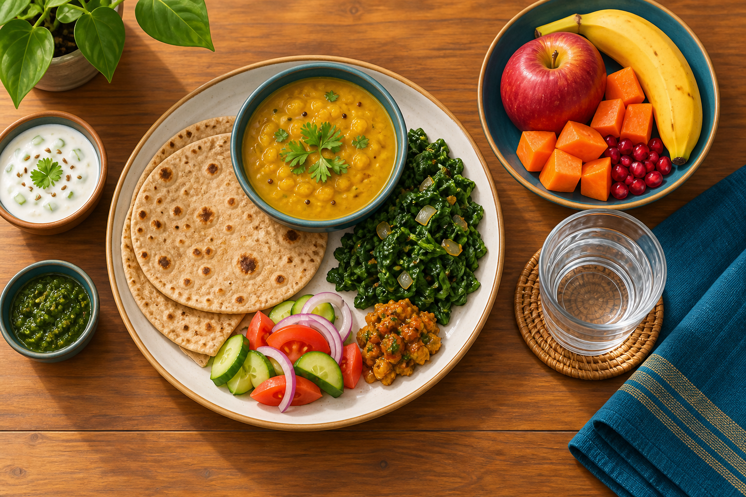 Illustration of an Indian meal with dal, roti, vegetables, fruit and water