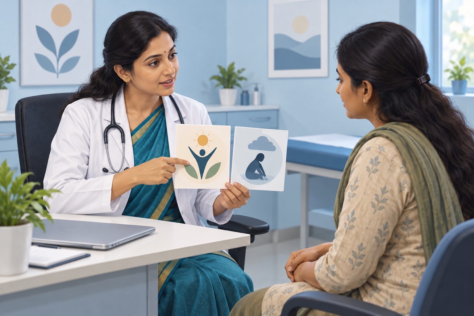 Illustration of an Indian female doctor discussing conditions with a woman