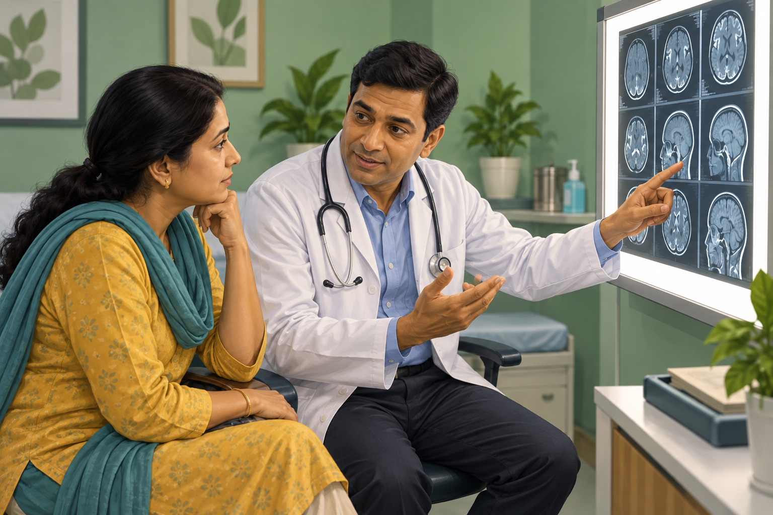 Illustration of an Indian doctor explaining medical reports to a patient