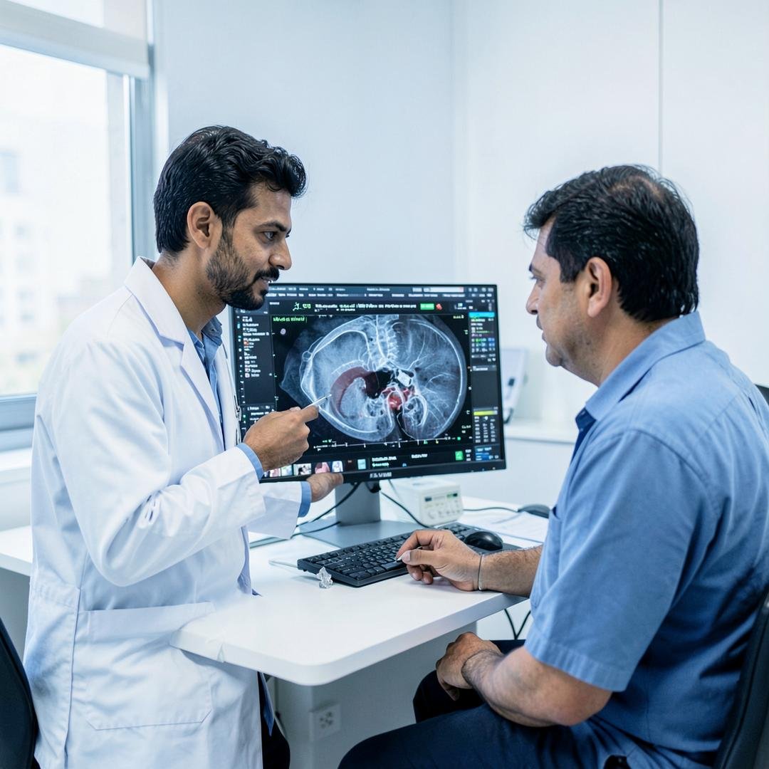 Doctor reviewing a diagnostic scan during an anal fistula assessment