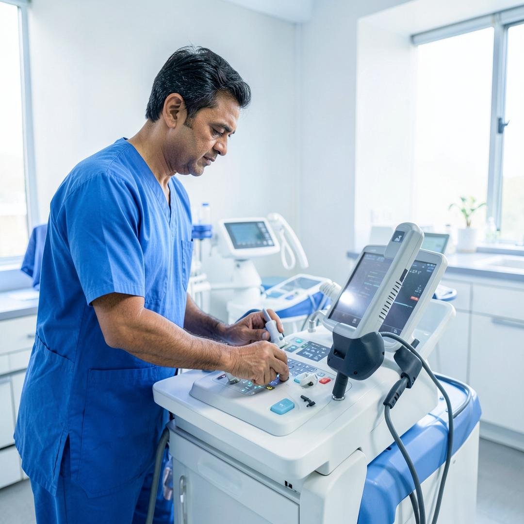 Clinician preparing modern laser treatment equipment