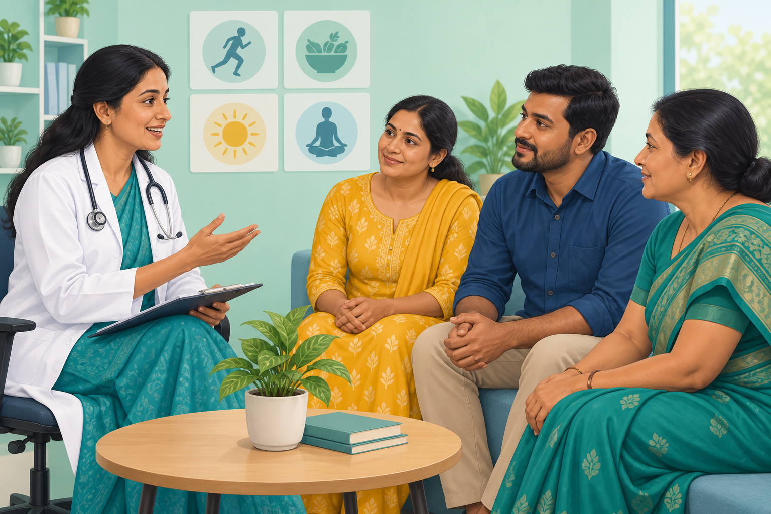 Illustration of an Indian doctor leading a patient education discussion
