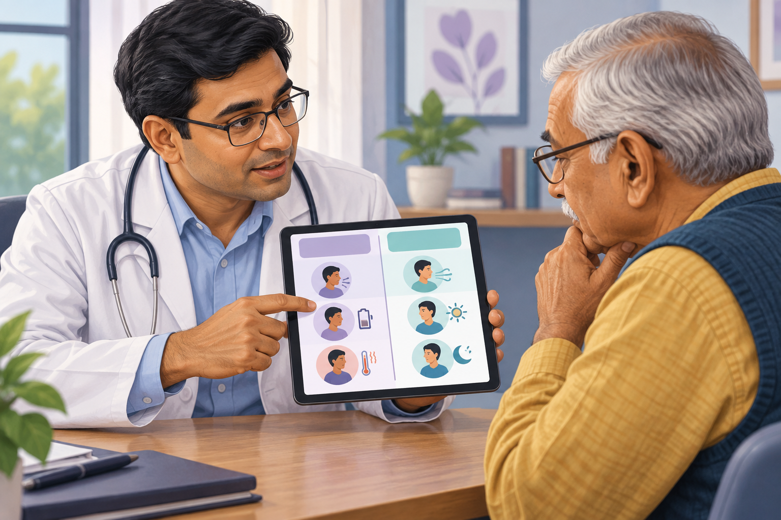 Illustration of an Indian doctor comparing symptoms on a tablet
