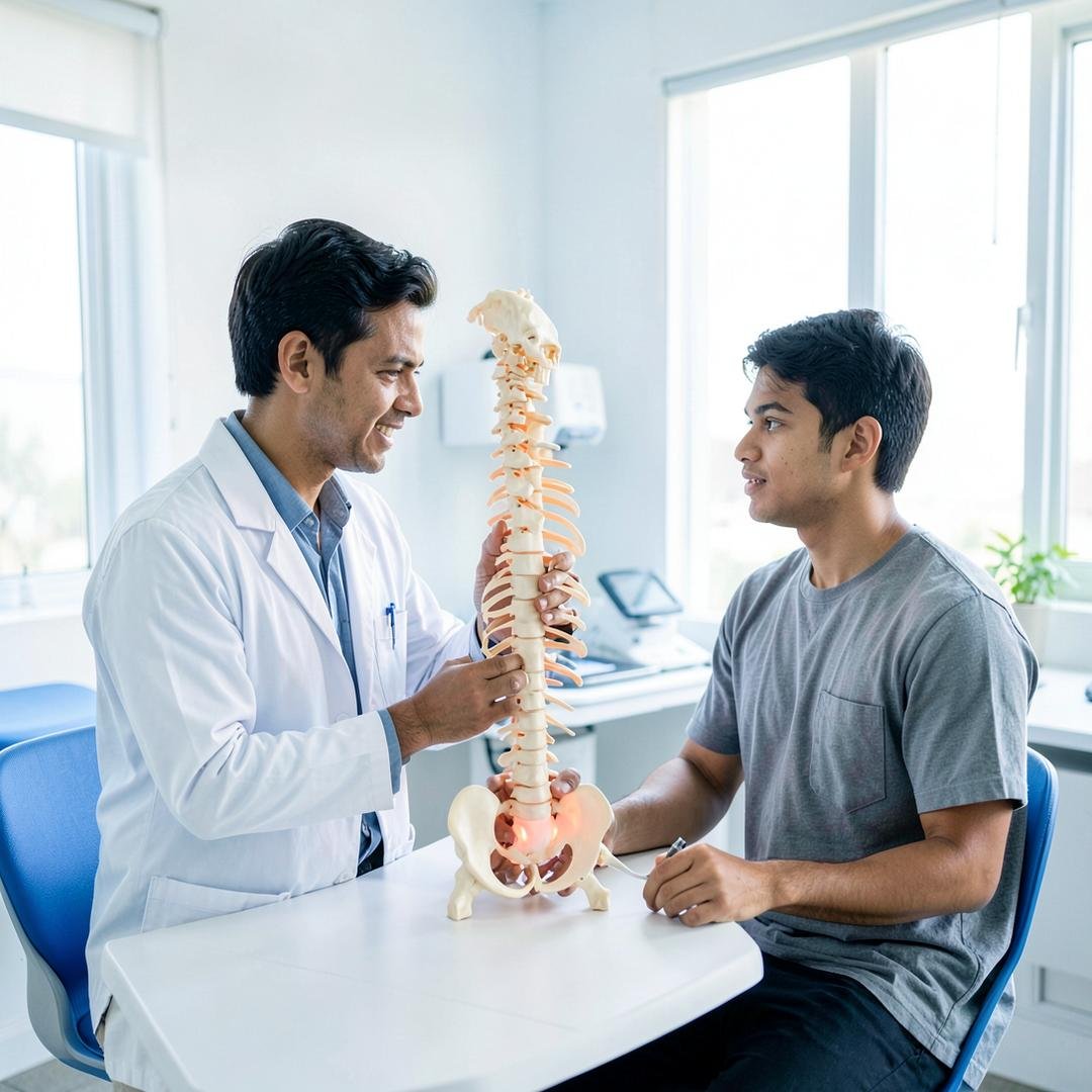 Doctor explaining pilonidal sinus care with an anatomical model