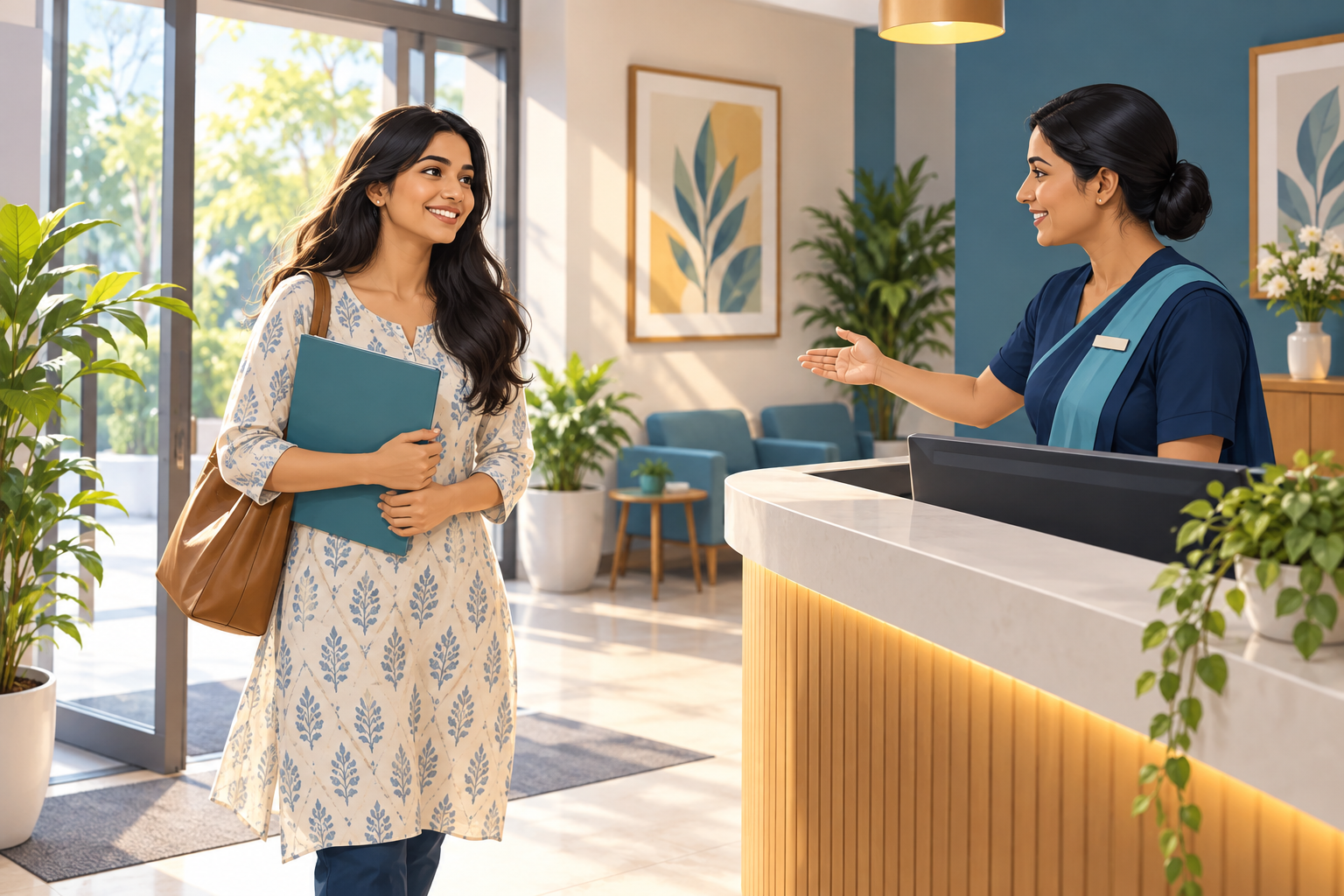 Illustration of an Indian woman arriving for a clinic appointment
