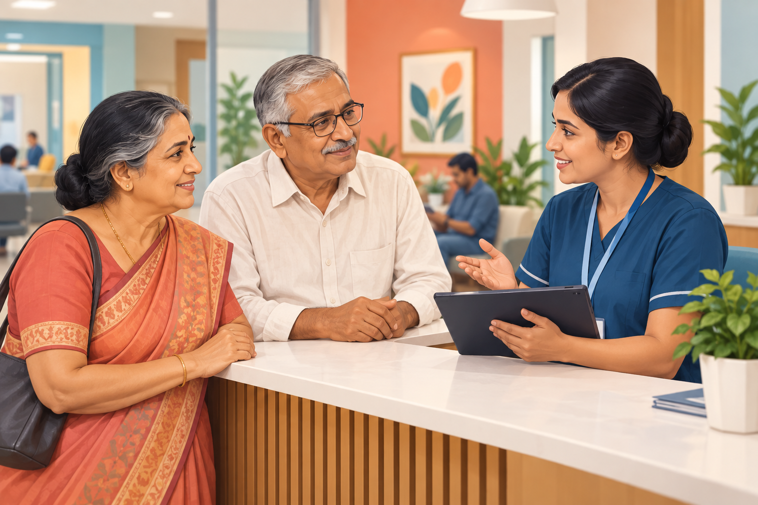 Illustration of an older Indian couple speaking with a nurse