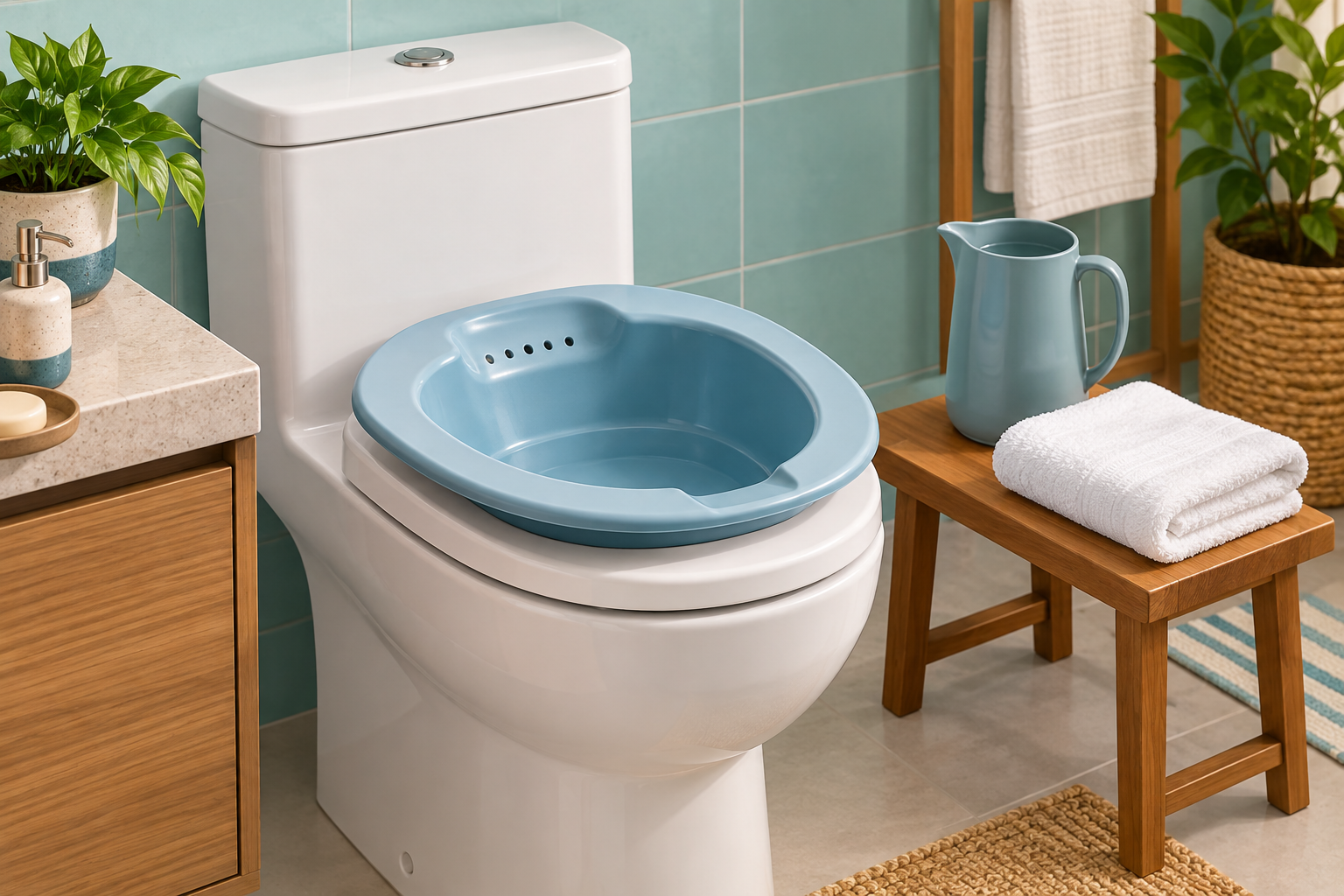 Illustration of a clean sitz bath basin, towel and water jug in a bathroom